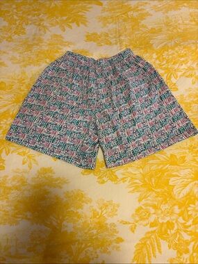 Vintage Geometric Print Elastic Waist Shorts in Teal & Pink
